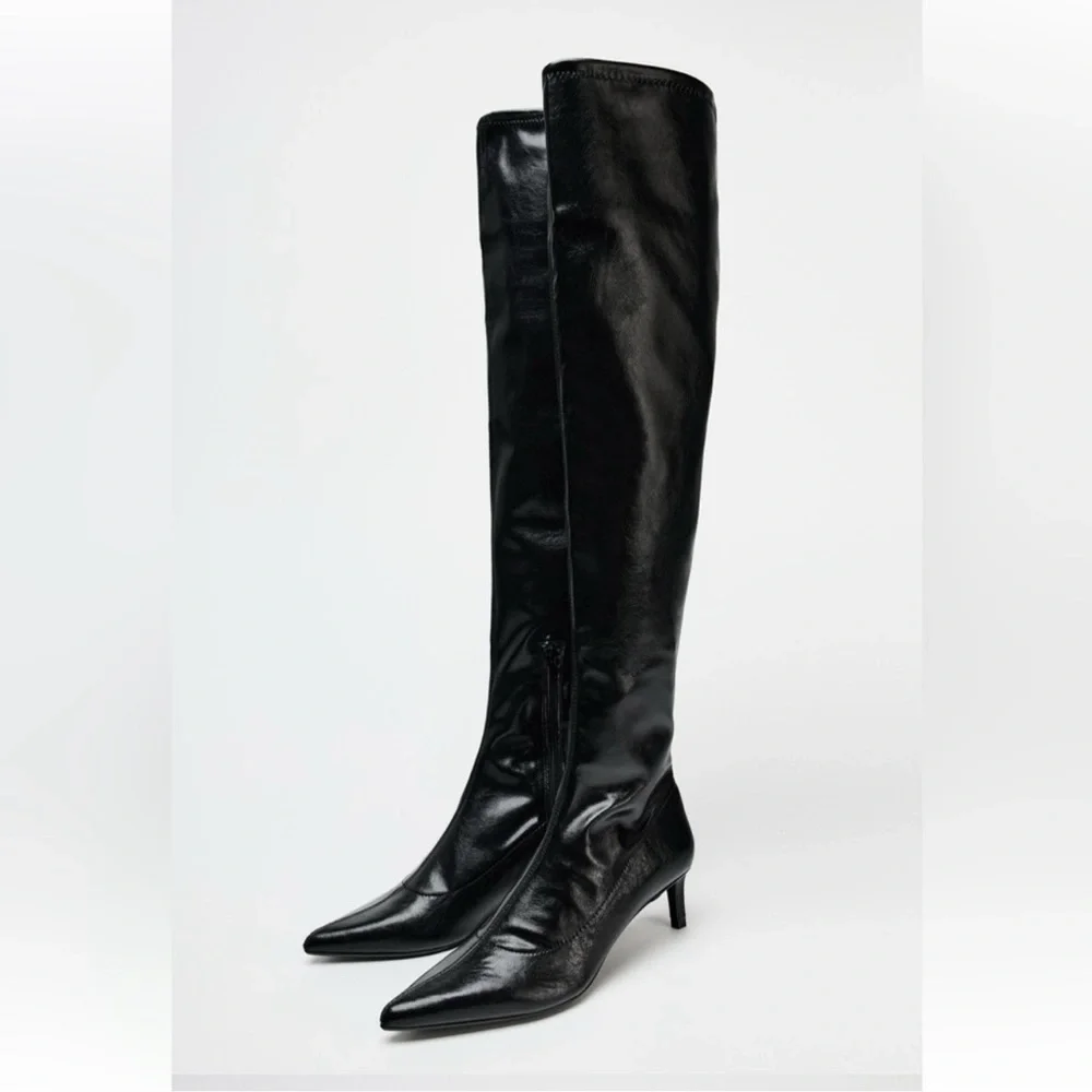 Zara | Shiny Black Over the Knee Boots